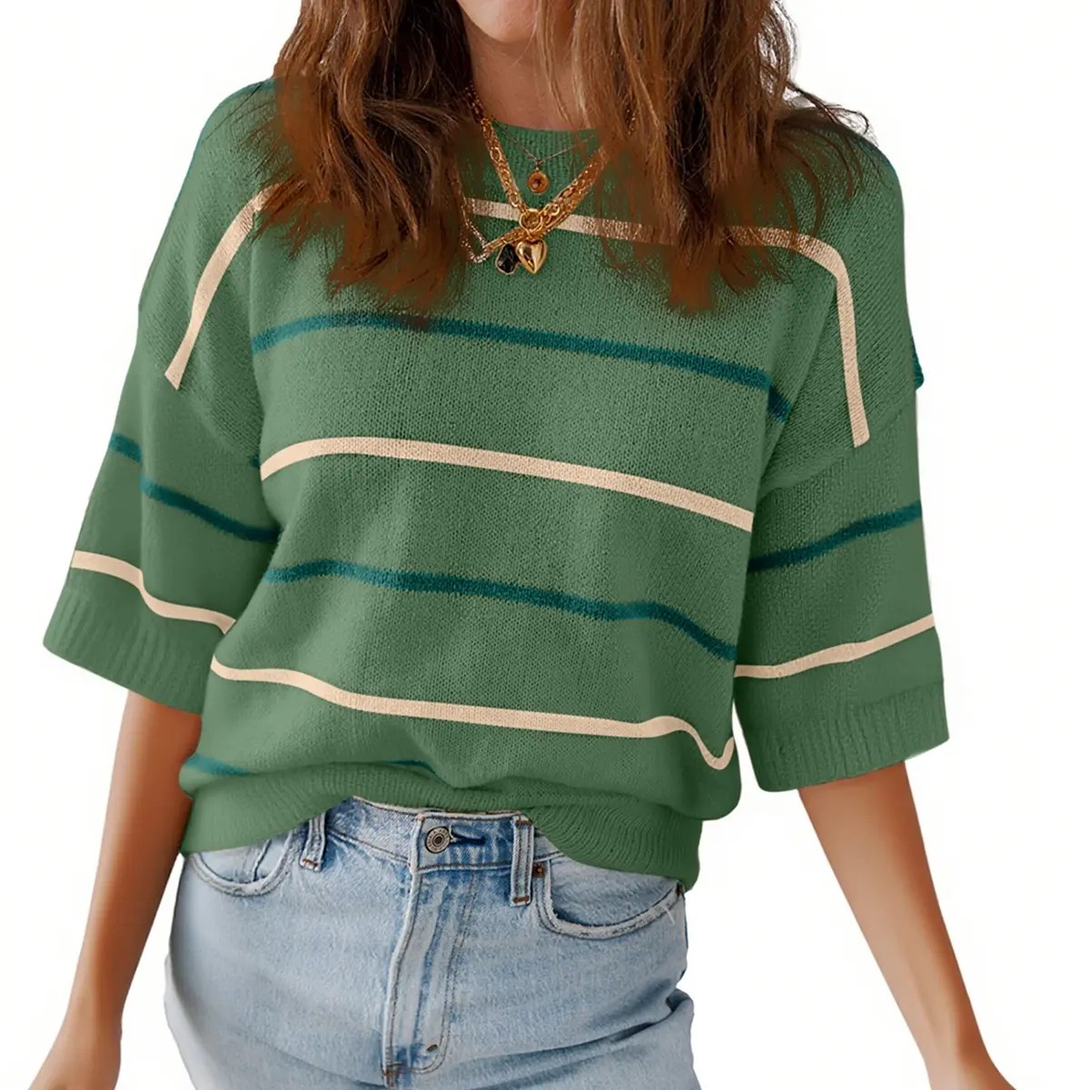 2026 Spring/Summer Women's Short Sleeve Striped Sweatshirt - Soft Breathable Fabric Crew Neck Pullover Top for Daily Wear