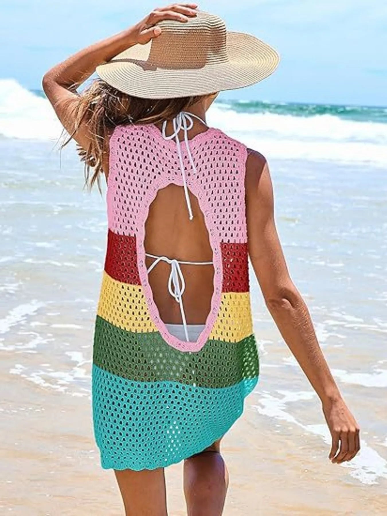 Color Block Openwork Sleeveless Cutout Back Cover-Up Mini Dress