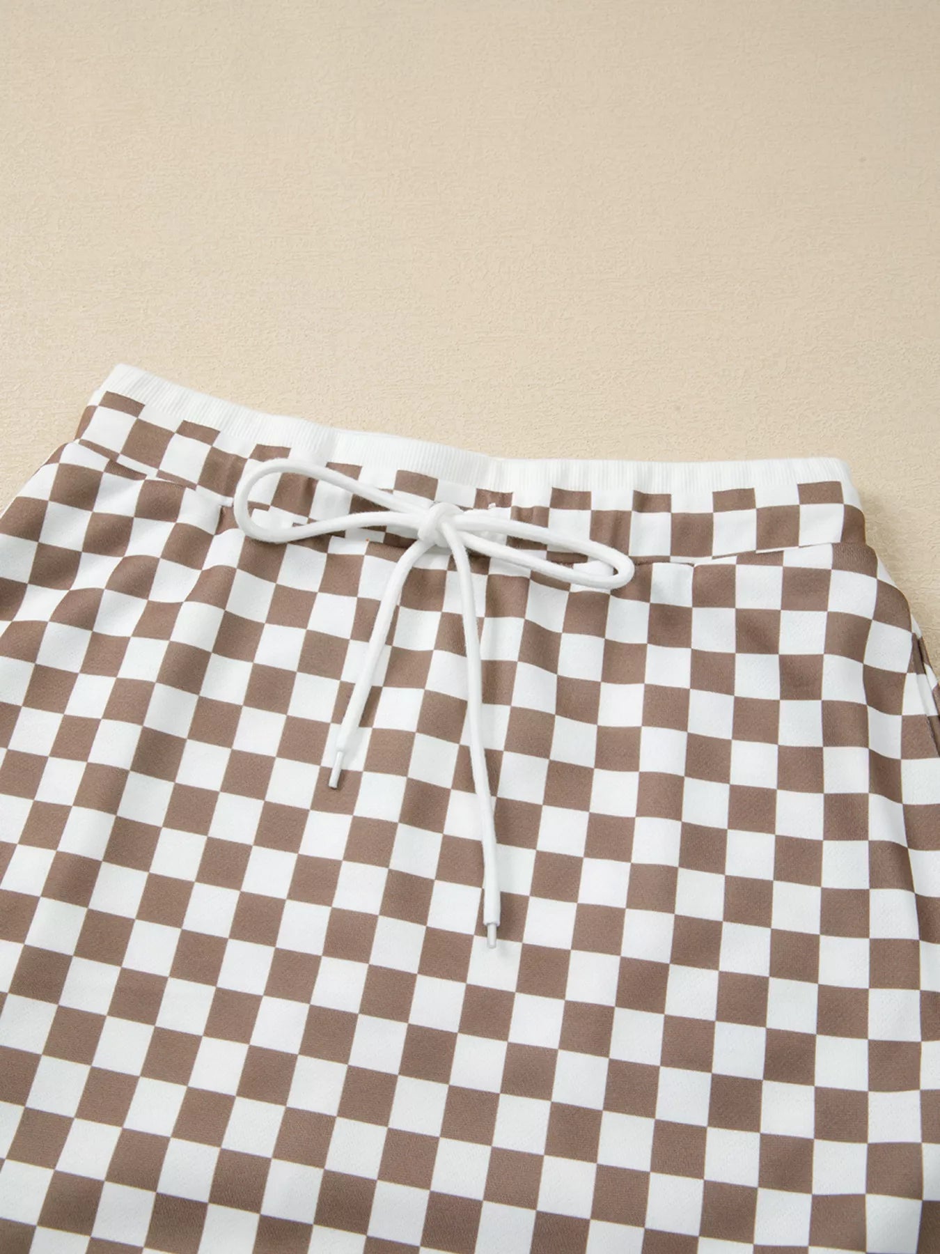 Checkered Print Polo Collar Cropped Long Sleeve Top and Drawstring Mini Skirt Set