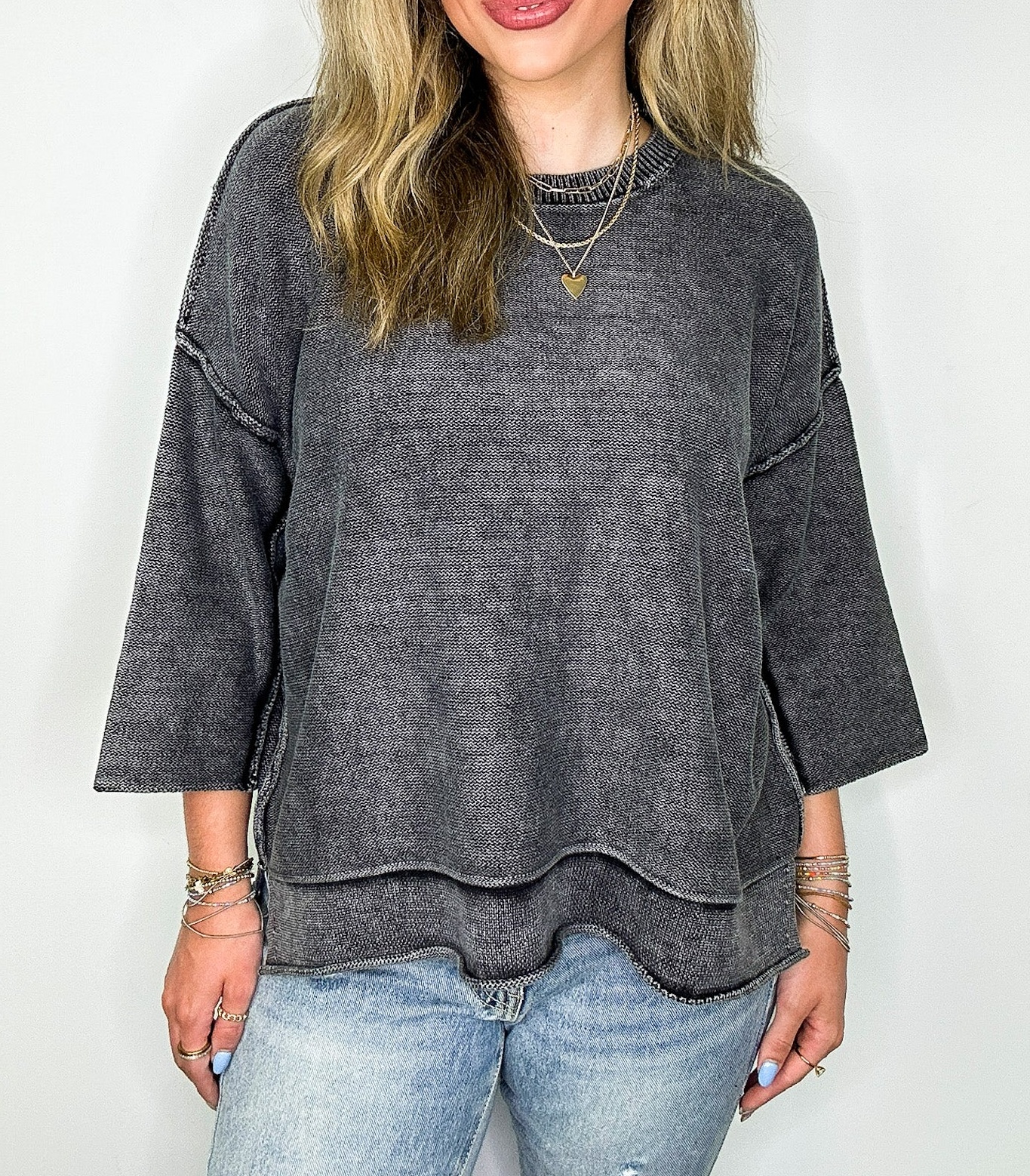 Cozy Fade Washed 3/4 Sleeve Relaxed Sweater