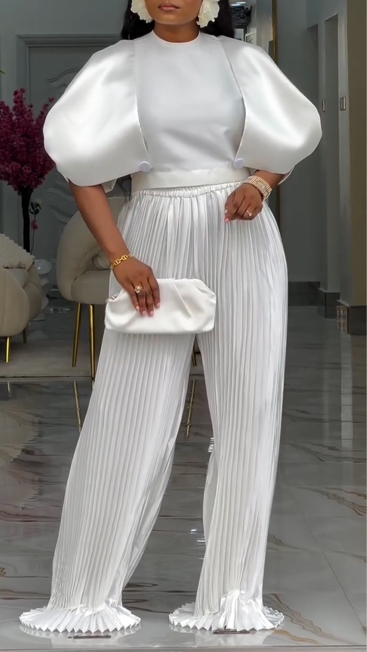 Women Round Neck Patchwork Top+ Pleated Pants Casual Set with Temperament