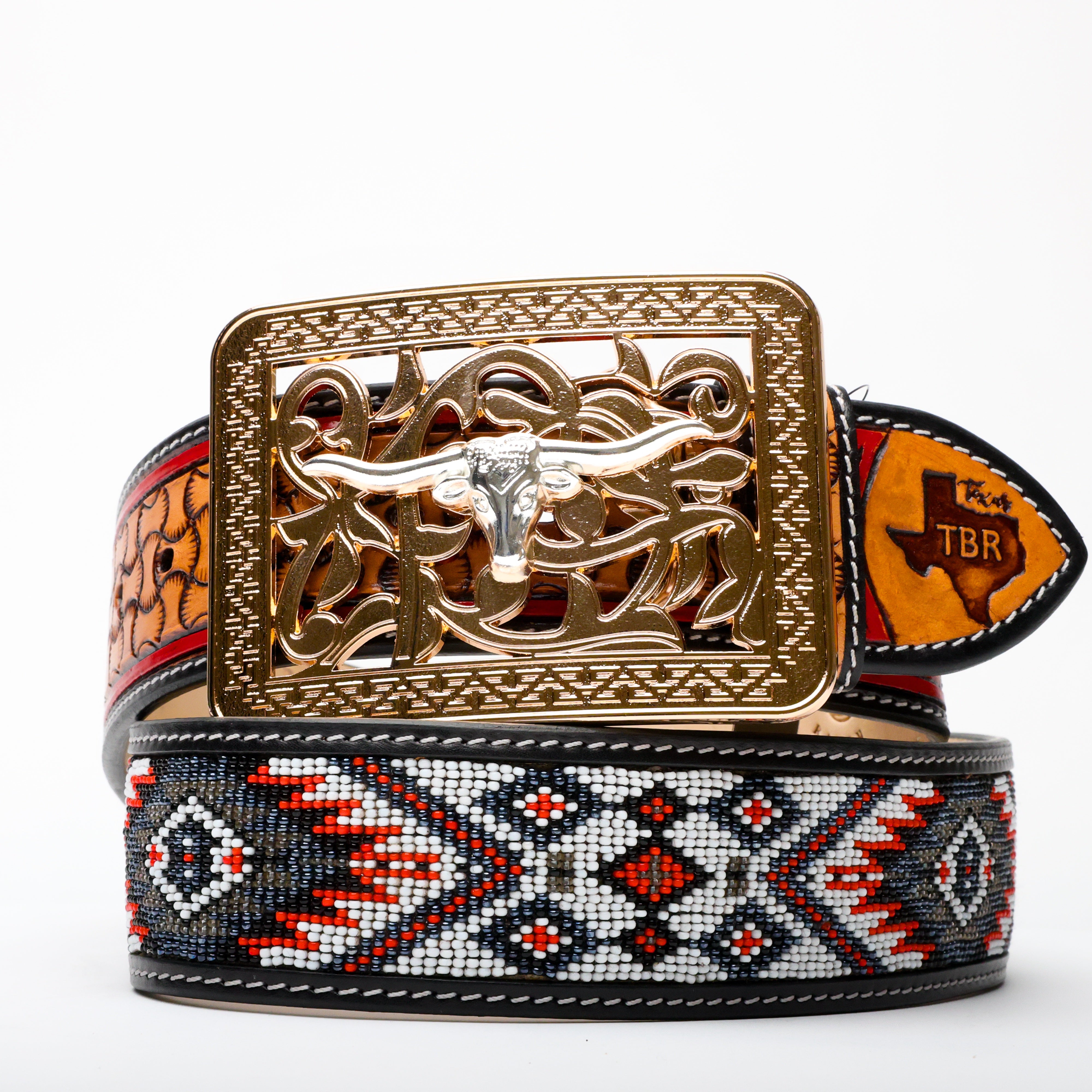 2 Inch Hand-Tooled Artesanal Beaded Leather Belt