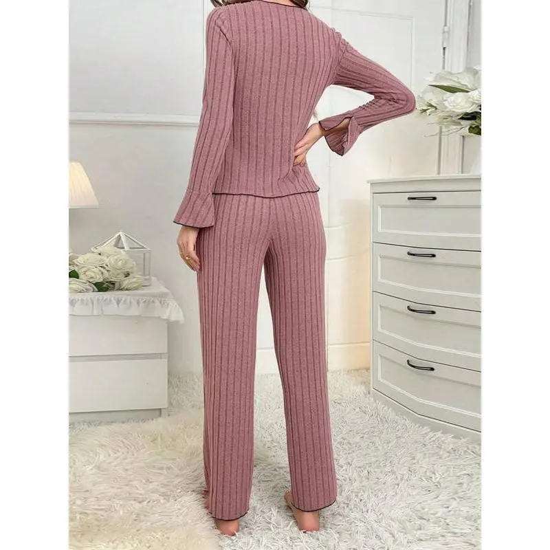 Women's Solid Lettuce Trim Top & Pants Loungewear Two-Piece Set