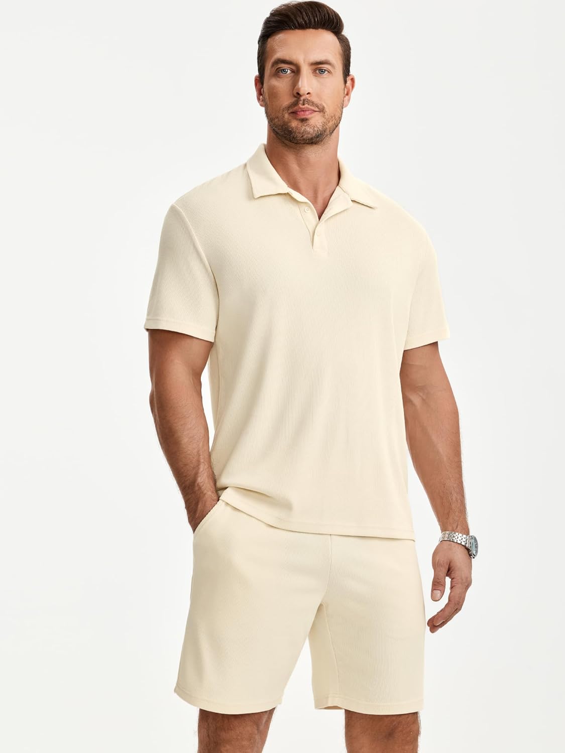 Men's 2 Pieces Outfits Casual Knit Ribbed Textured Button Down Short Sleeve Polo Shirt and Shorts Set