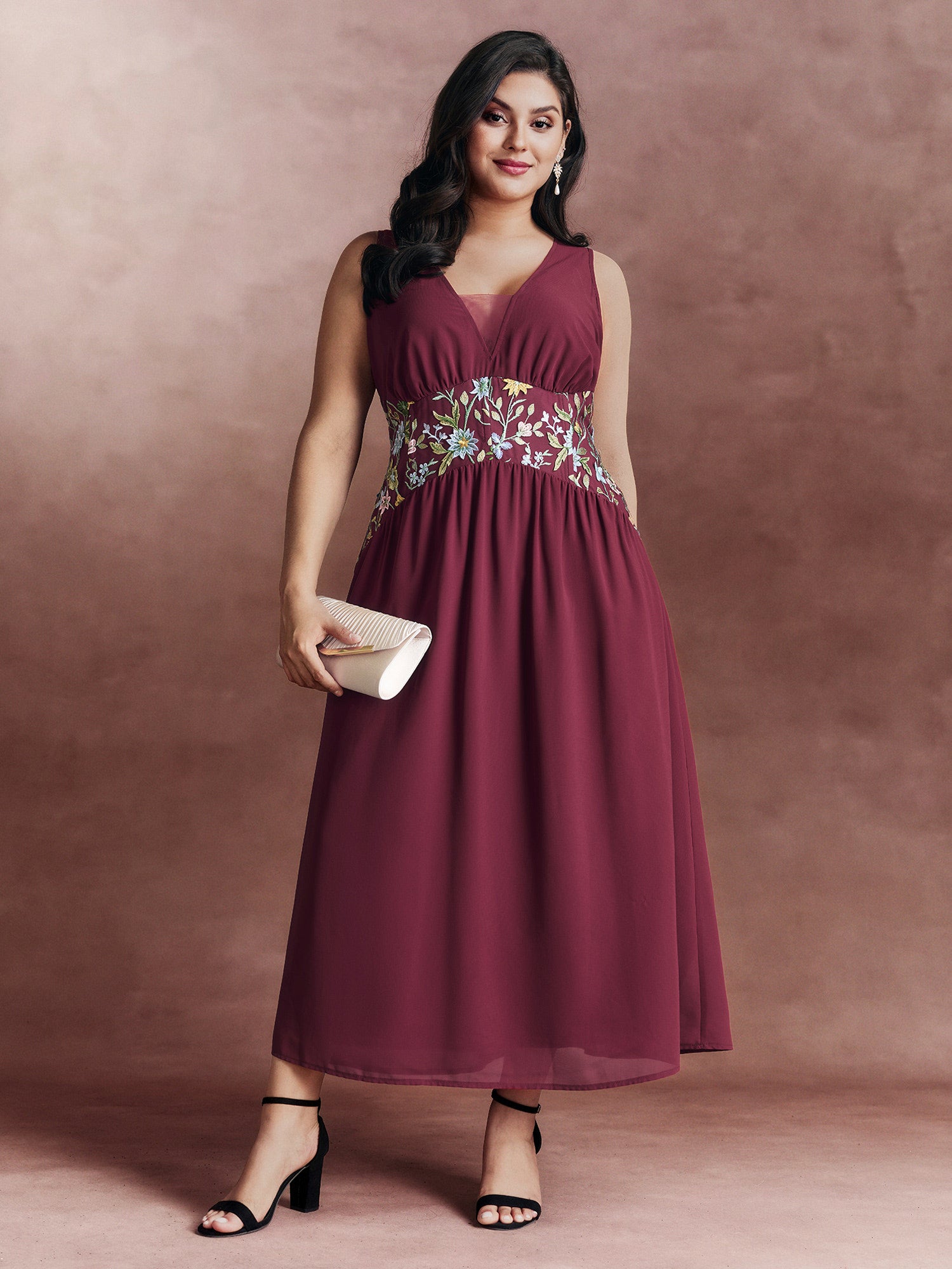 Floral Embroidered V-Neck Sleeveless Maxi Dress