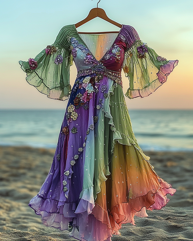 Summer Vacation Floral Embroidery Sequins Beaded Ruffle Dress 4930