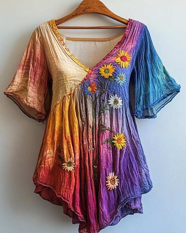 Summer Rainbow Gradient Daisy Embroidered T-shirt  defa