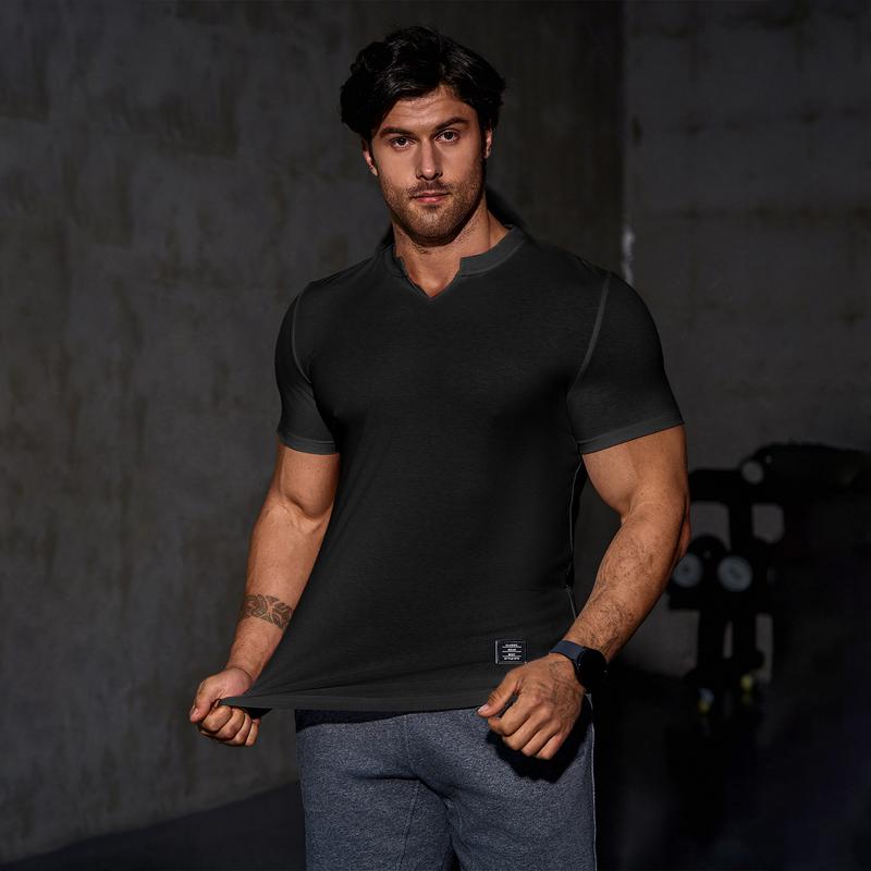 Men's Plain Muscle Slim Fitted T Shirt Polyester V-Neck Longline Shirt