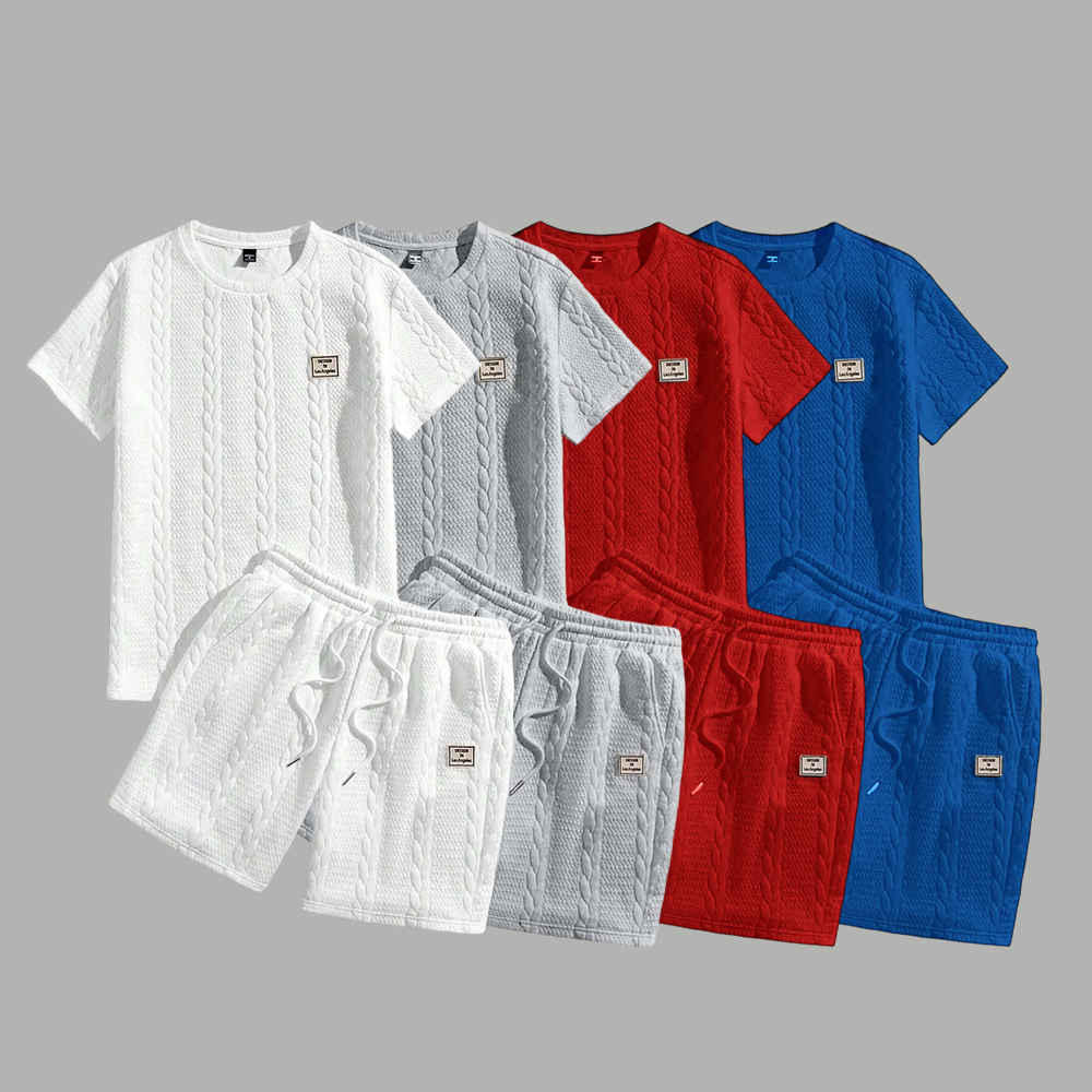 Summer men's jacquard textured fabric round neck short sleeved T-shirt and shorts set
