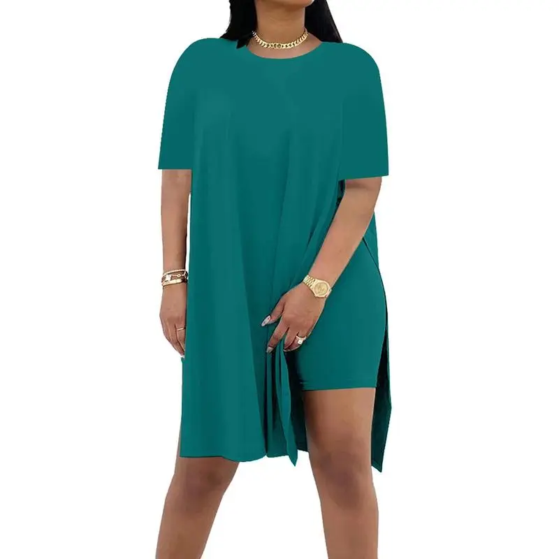 Women Plus Crewneck Short Sleeve Tops and Skinny Biker Shorts Sets