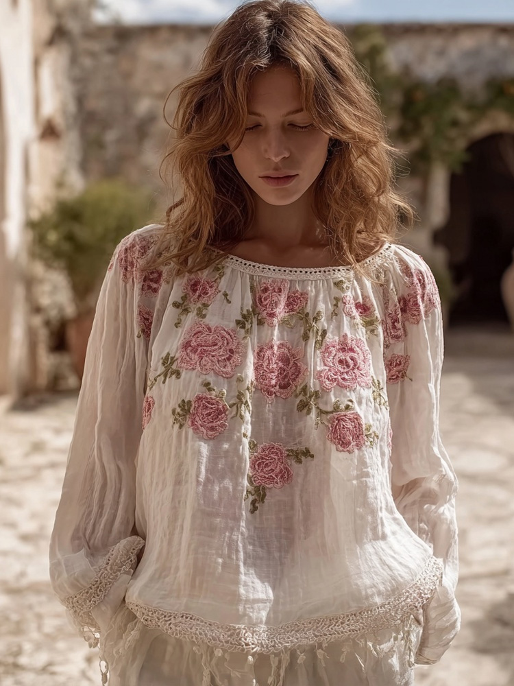 Vintage Boho Roses Lace Patchwork Linen Tunic