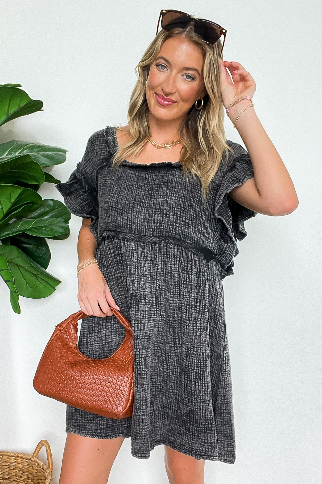 Mineral Washed Square-Neck Ruffle Sleeve Dress