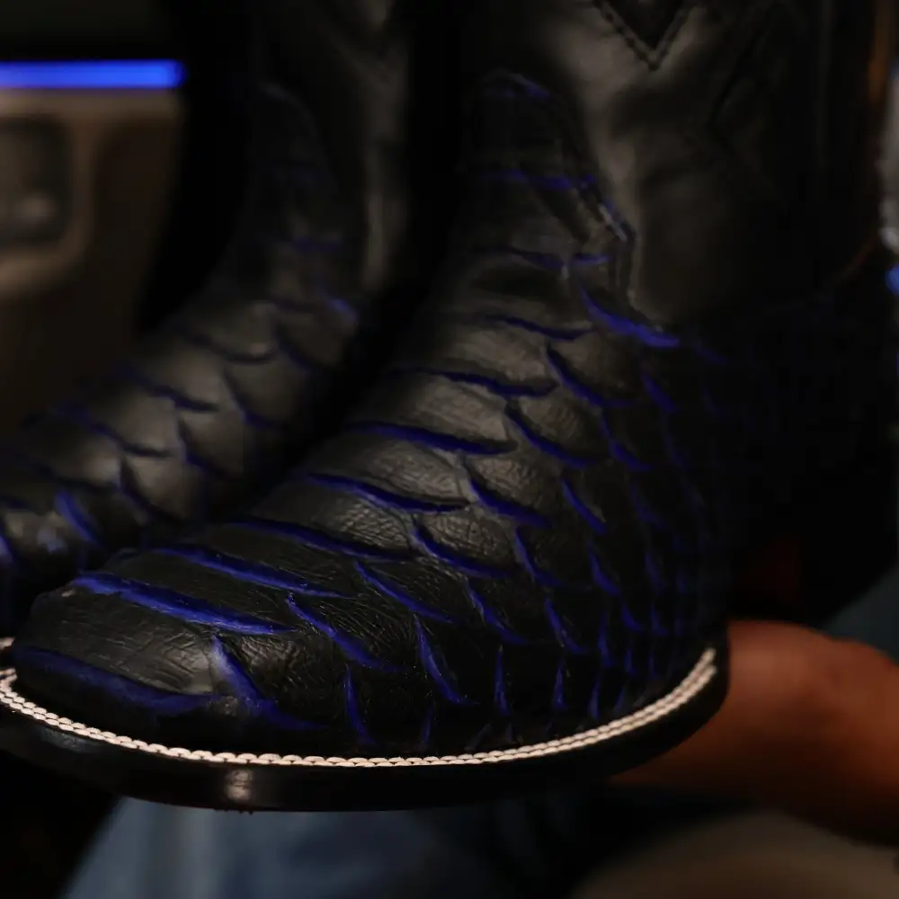 Black & Indigo Jumbo Python Leather Boots - Square Toe