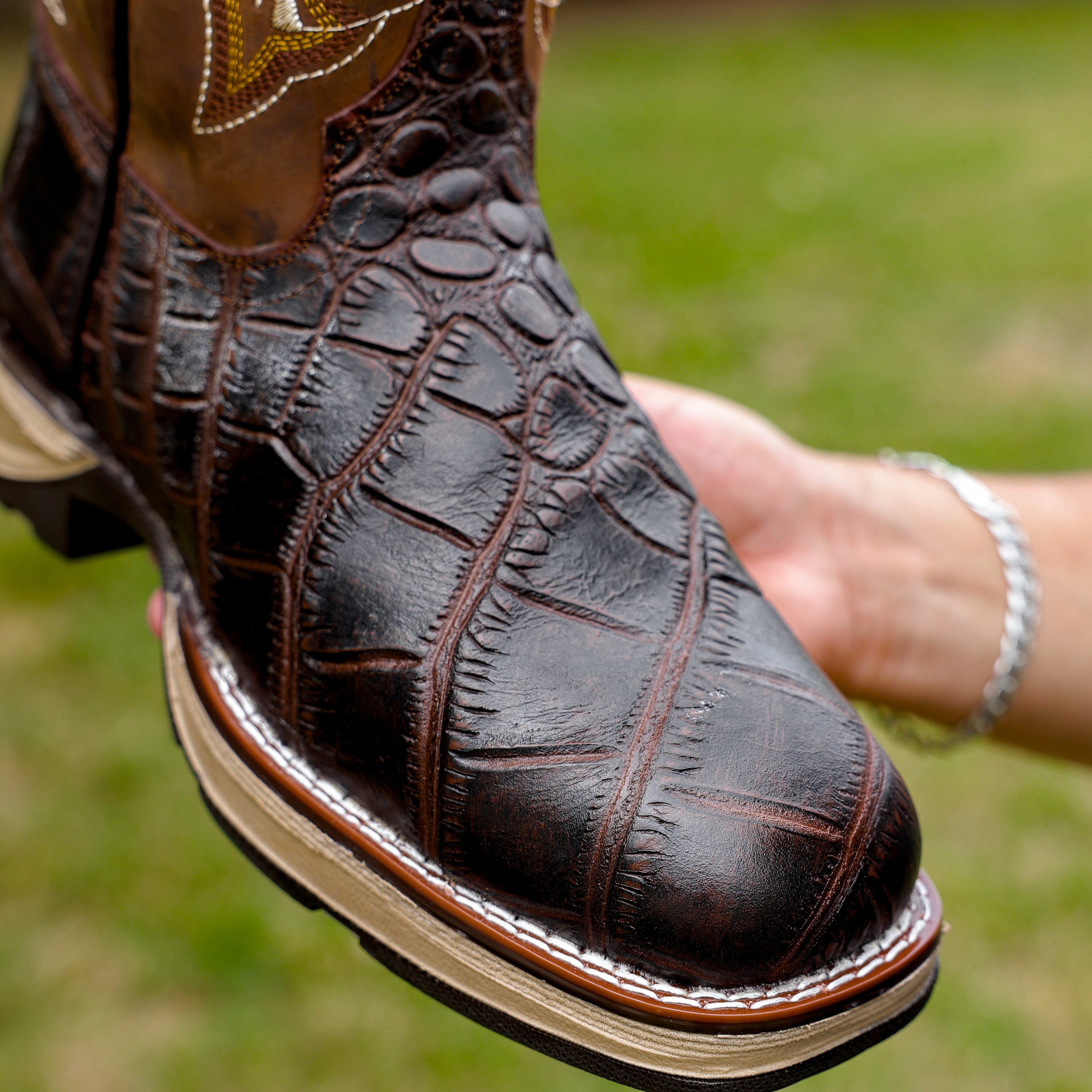 Brown Caiman Belly Leather Boots With 3D Lightweight Sole - Composite Toe