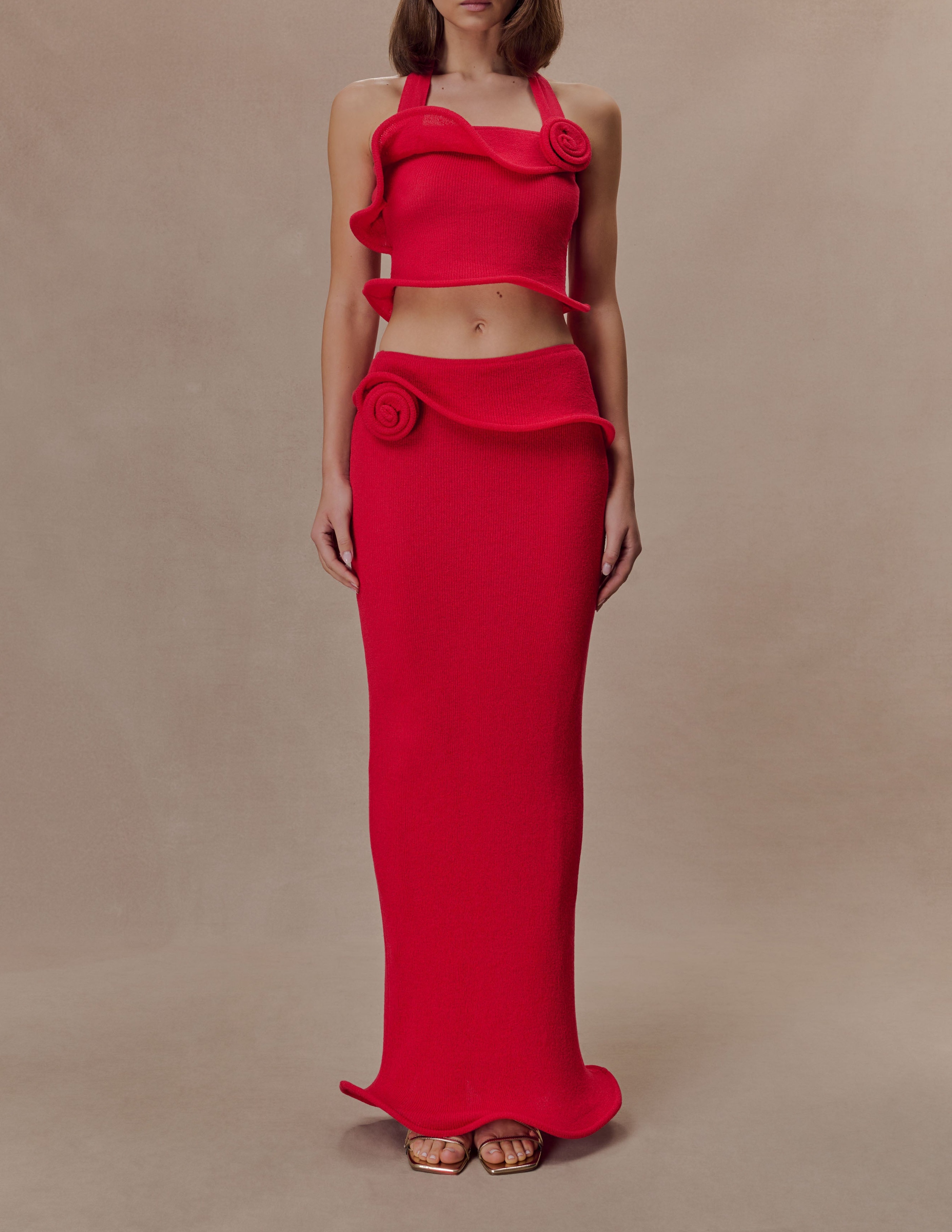 Red Knit Wired Maxi Skirt