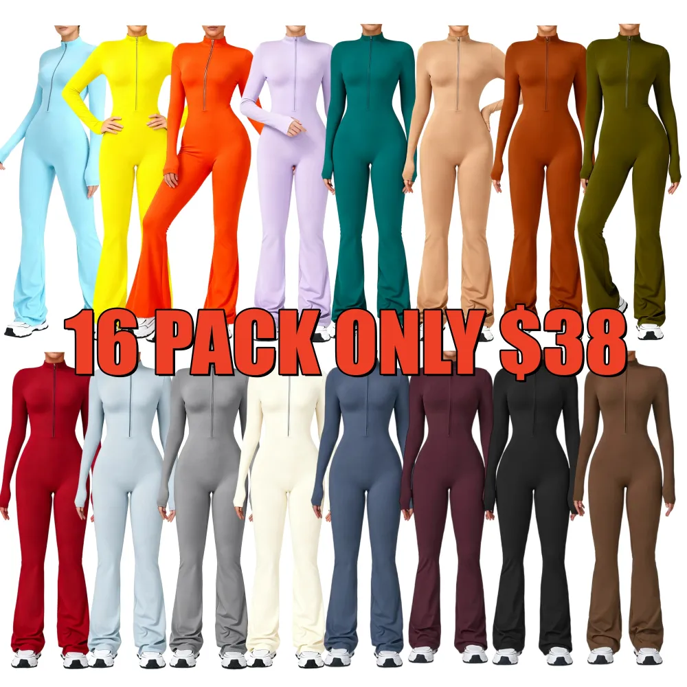 Women's Long Sleeve Flared Sports Jumpsuit - Zipper Jumpsuit