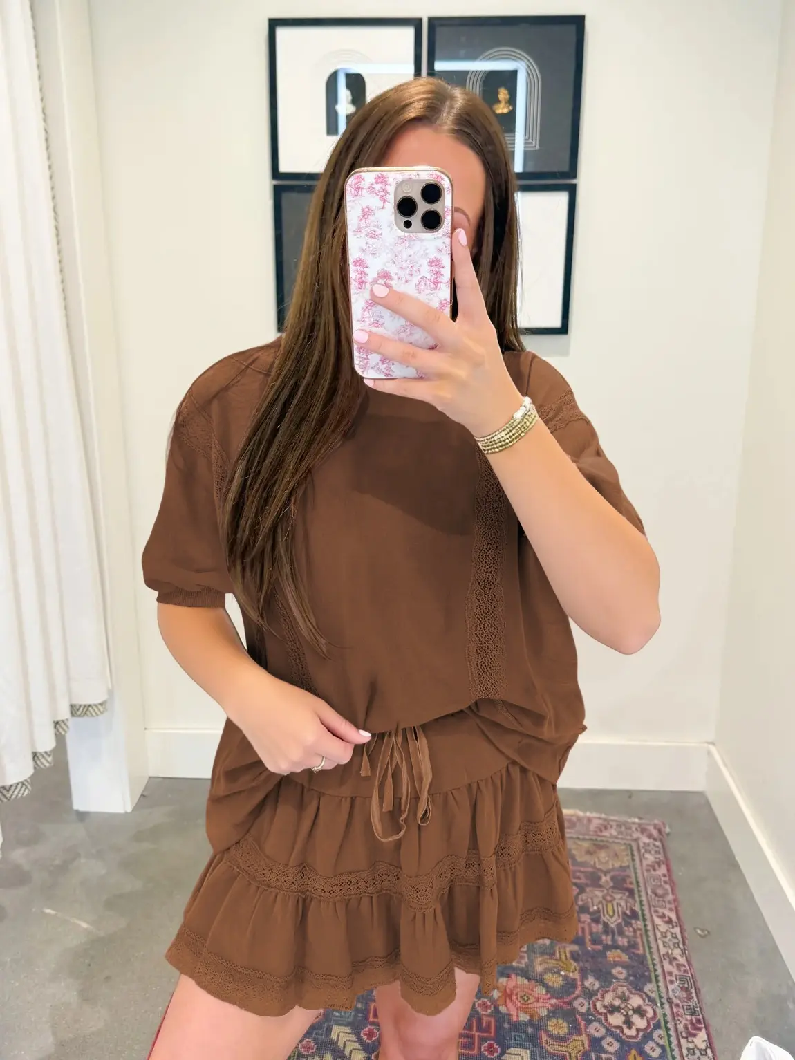 Fisoew Women's 2 Piece Cotton Lace Trim Outfit Set Short Sleeve Puff Sleeve Top & Ruffled Shorts Soft Casual Outfit