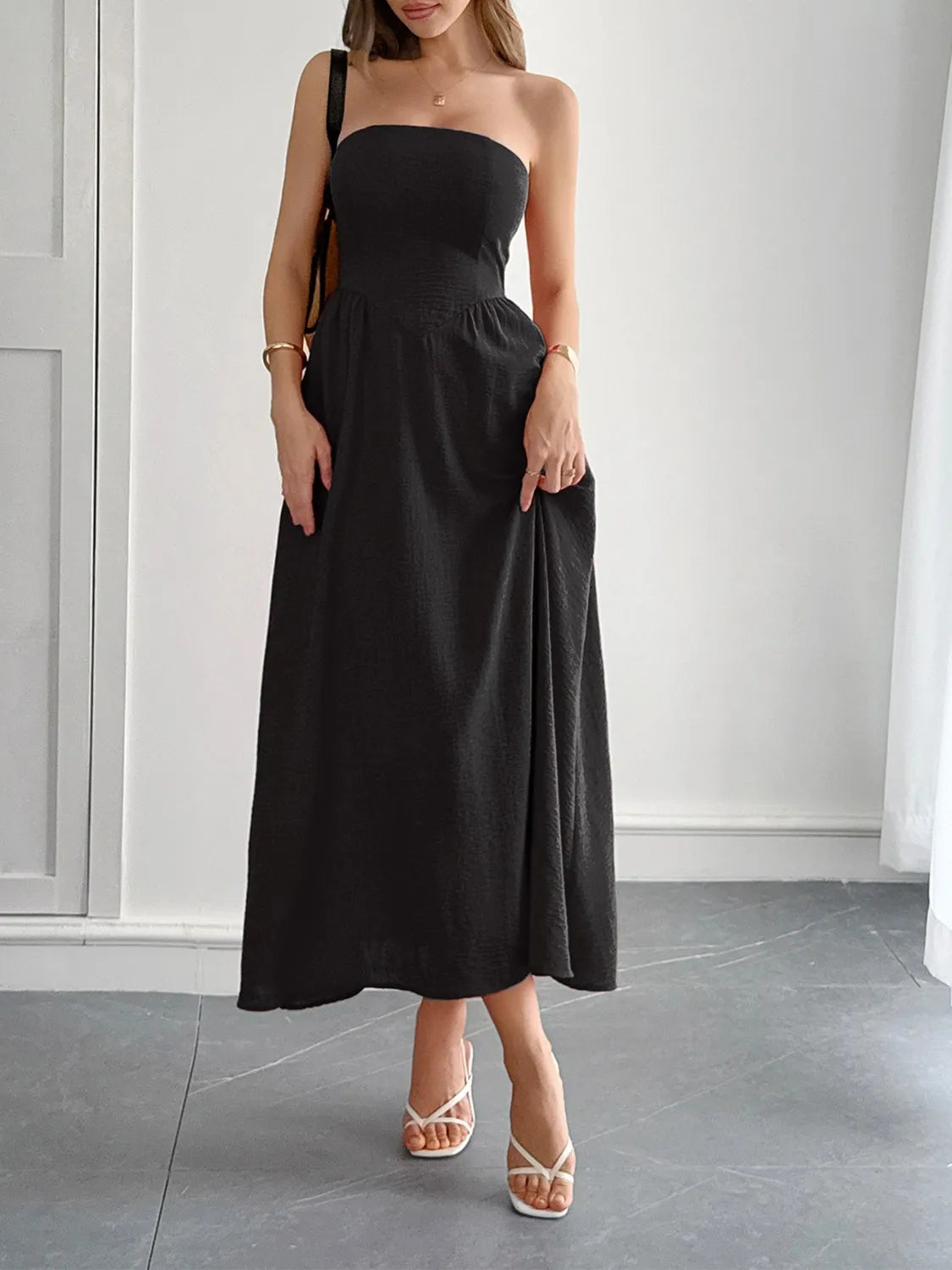 Strapless A-Line Midi Dress with Pockets