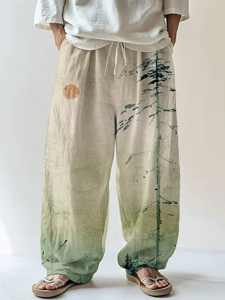 Men's Japanese Mountain Sunrise Painting Print Casual Pants