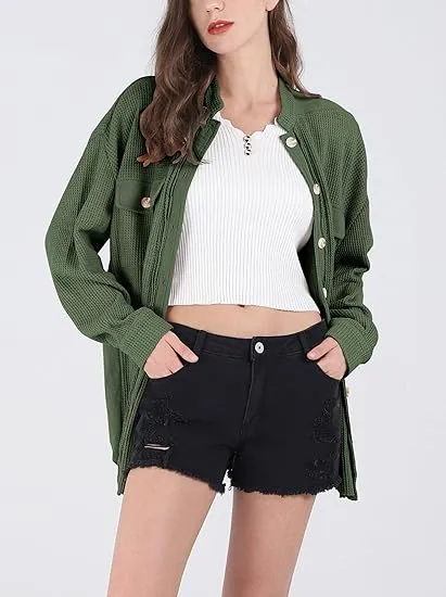 Women's Loose Fit Batwing Sleeve Waffle Knit Button Down Shirt Shacket Tops