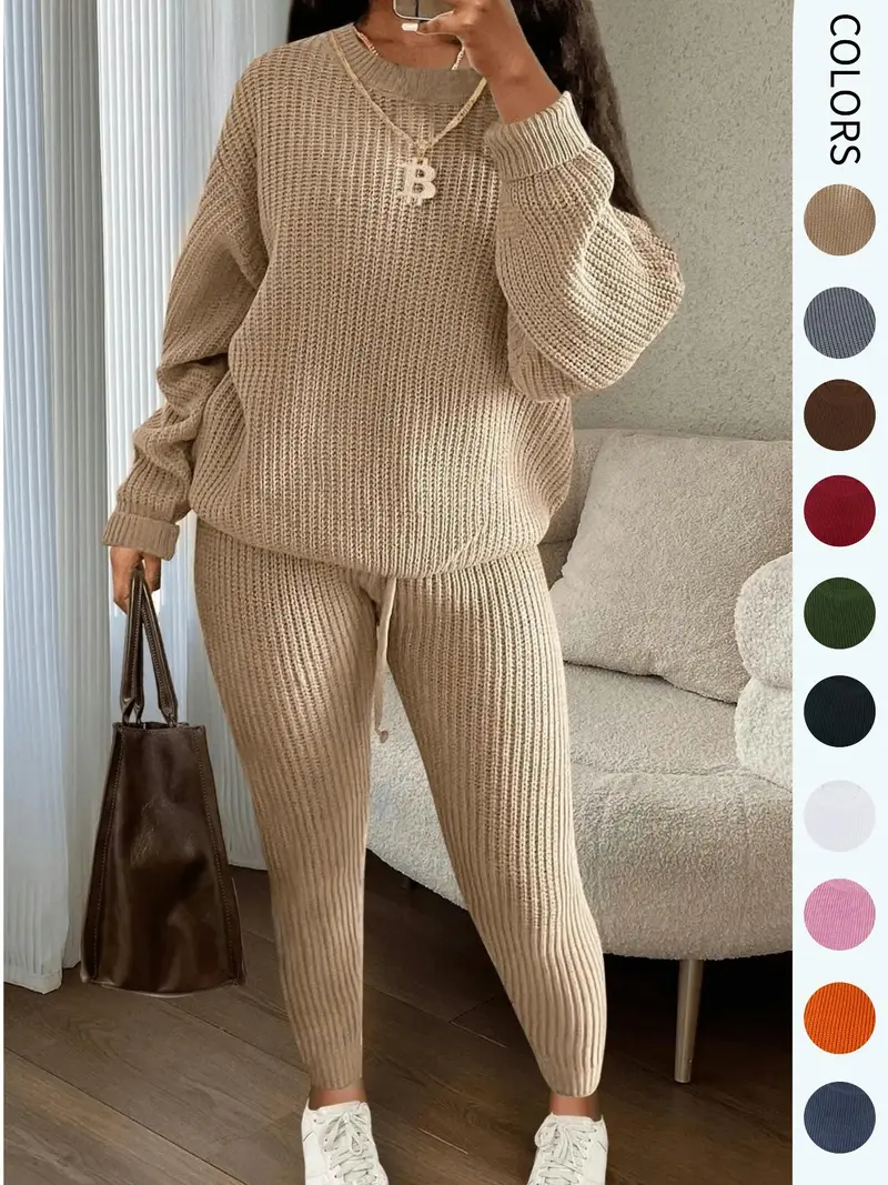 🔥Women's Solid Round Neck Drop Shoulder Sweater & Drawstring Waist Pants Knit Set, Casual Cozy Knitwear for Daily Outdoor Wear, Ladies Fall & Winter Outfits, Women's 2 Pcs Sweater Set