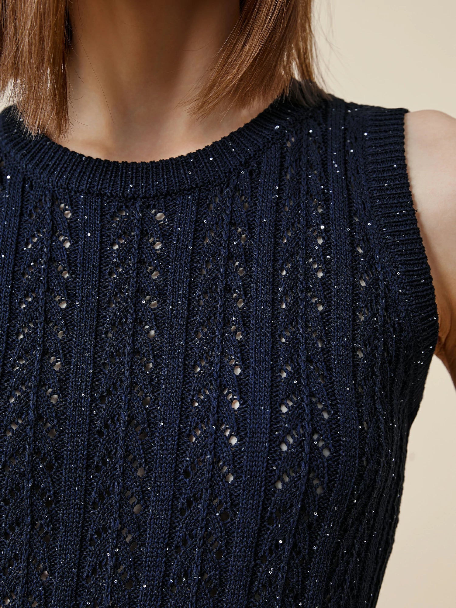 Lyocell Sleeveless Openwork Sequin Knitted Vest