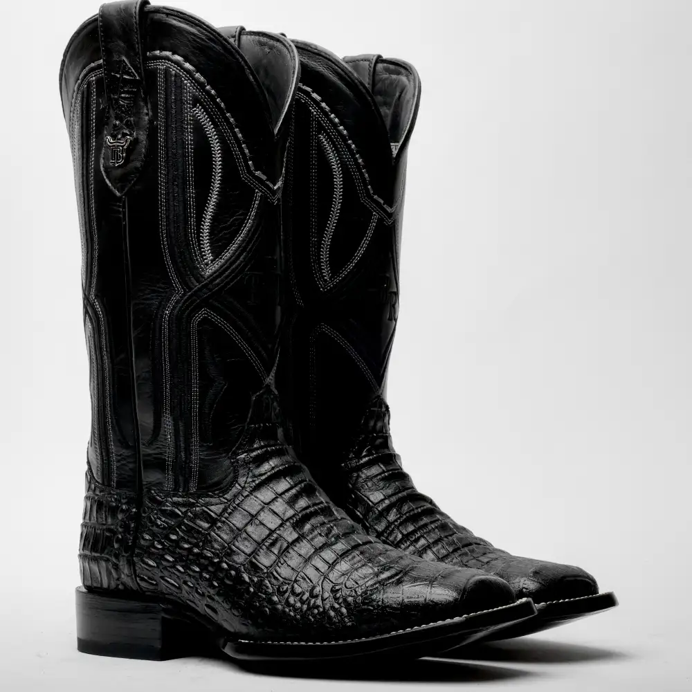 Total Black Caiman Belly Leather Boots - Square Toe