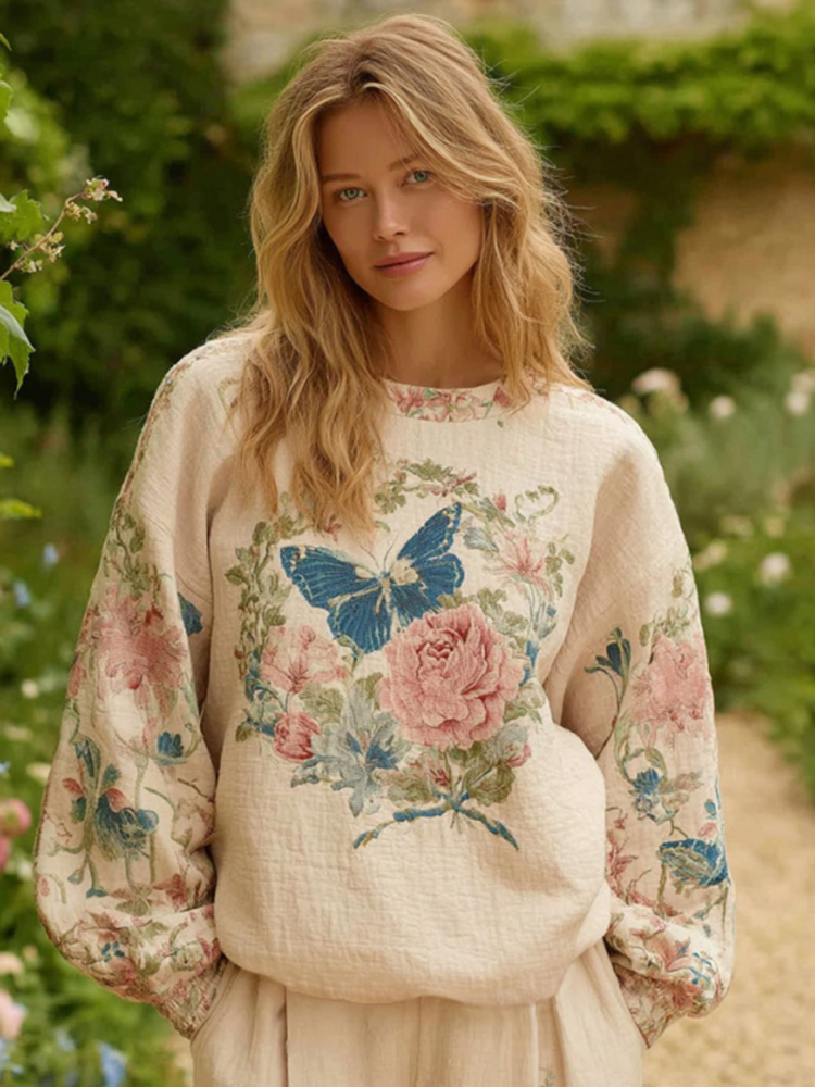 Women's Retro Bohemian Style Round Neck Comfortable Linen Top With Butterfly And Floral Pattern