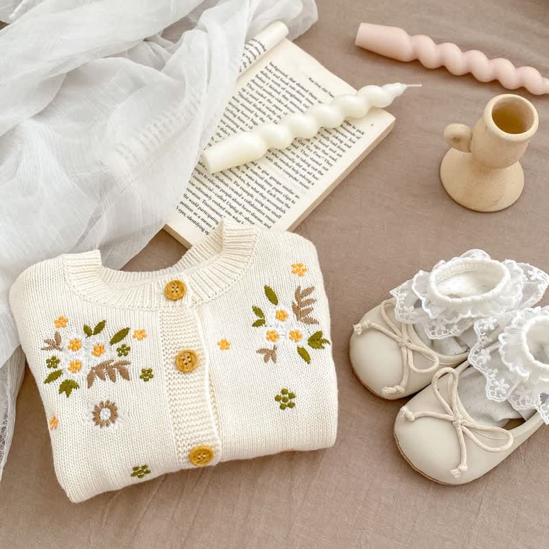 Embroidered Floral Beige Knit Cardigan