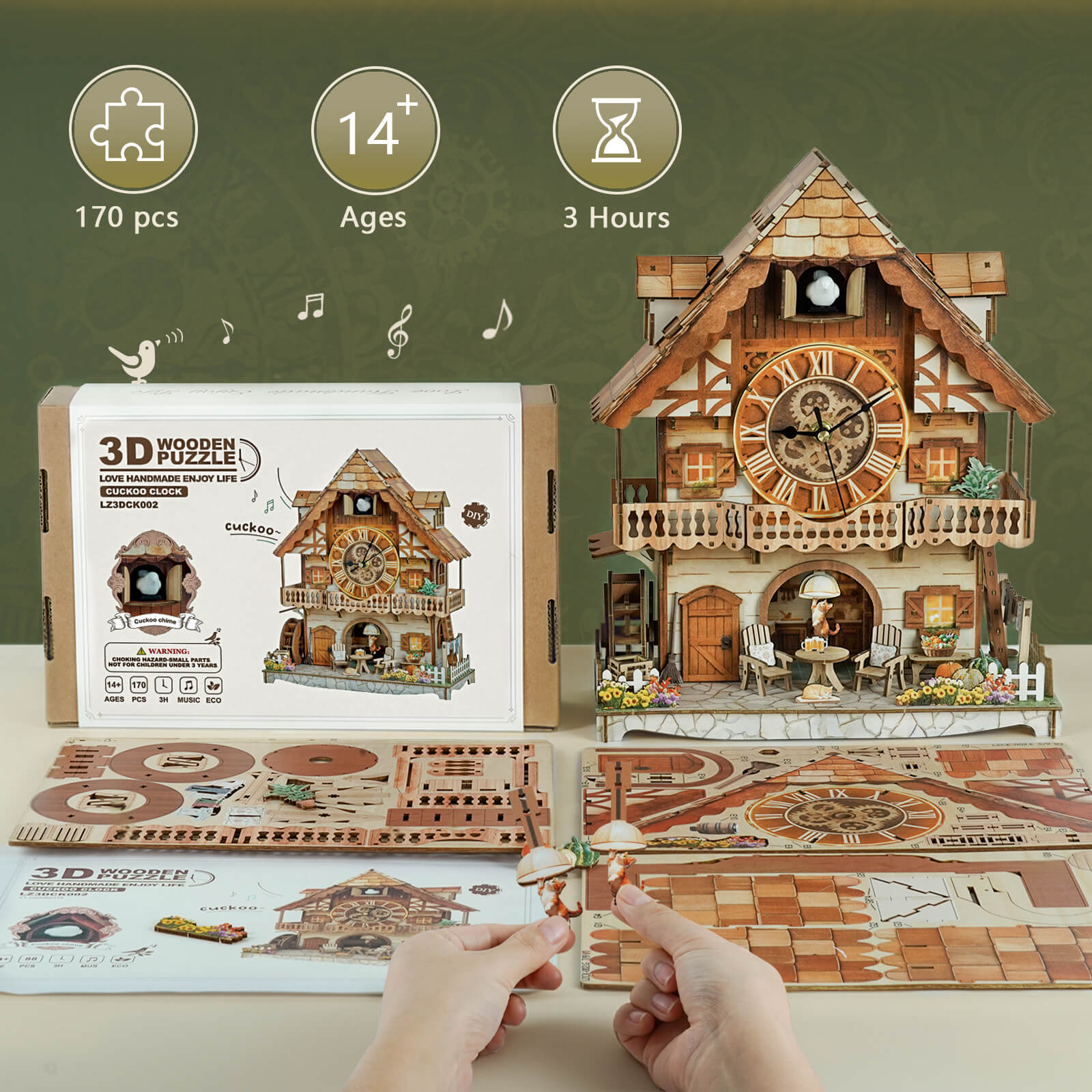 Cuckoo Calling German Cottage â€“ DIY Wood Clock, 3D Puzzle Kit