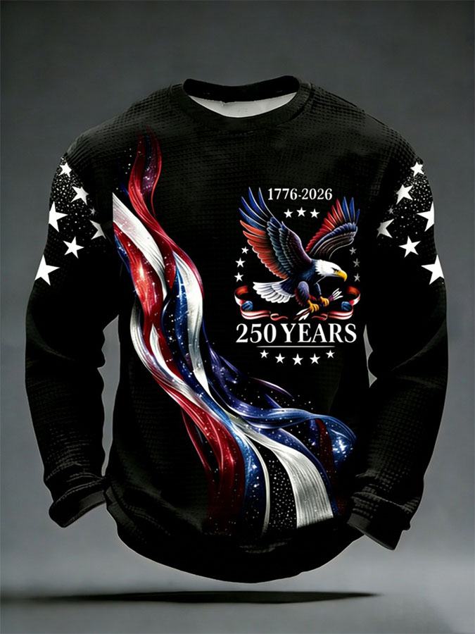 Men'S Retro Waffle American Flag Commemorative 250Th Anniversary Printed Long Sleeve Round Neck Sweatshirt