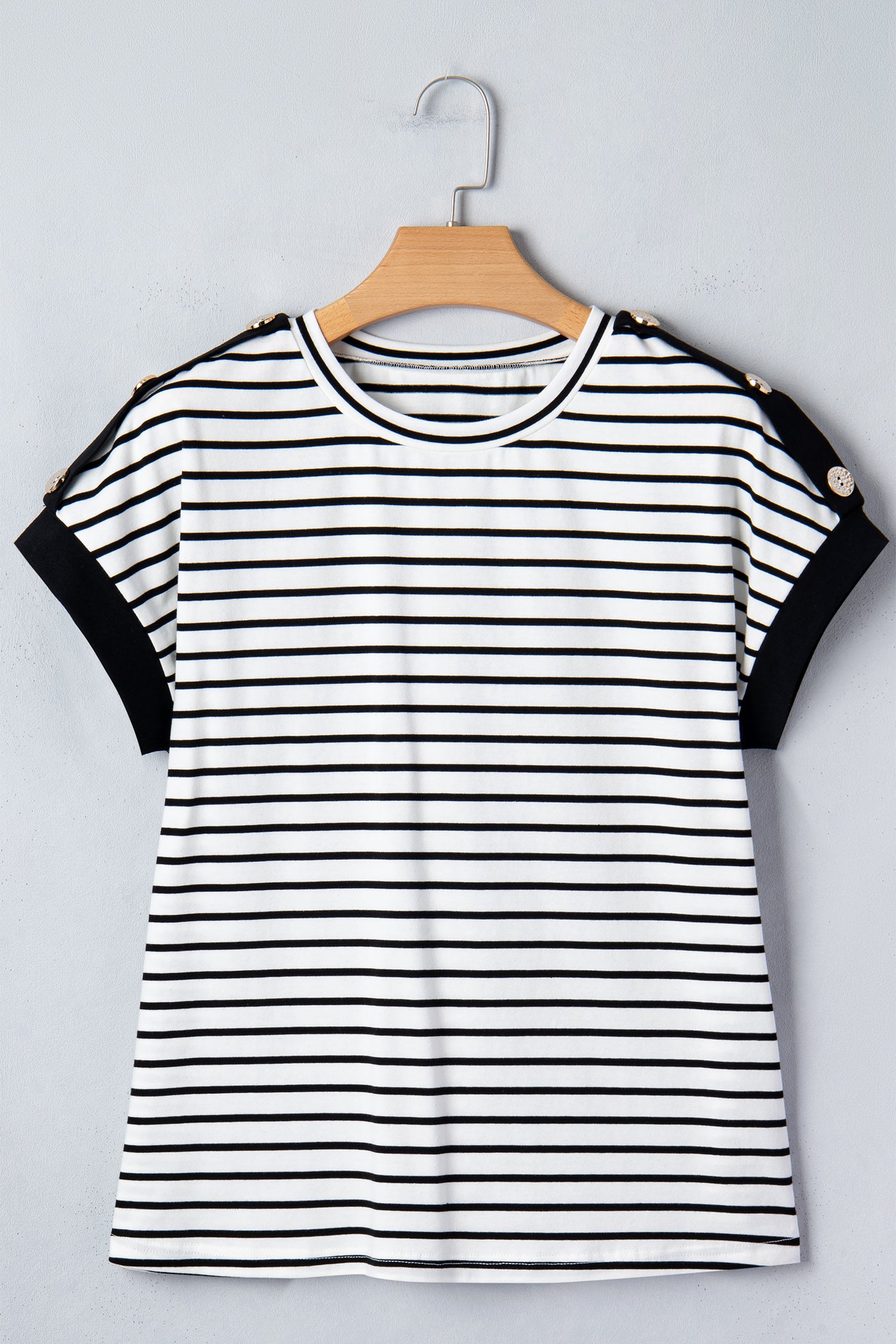 Black Stripe Cuffed Sleeve Button Detail Loose Tee