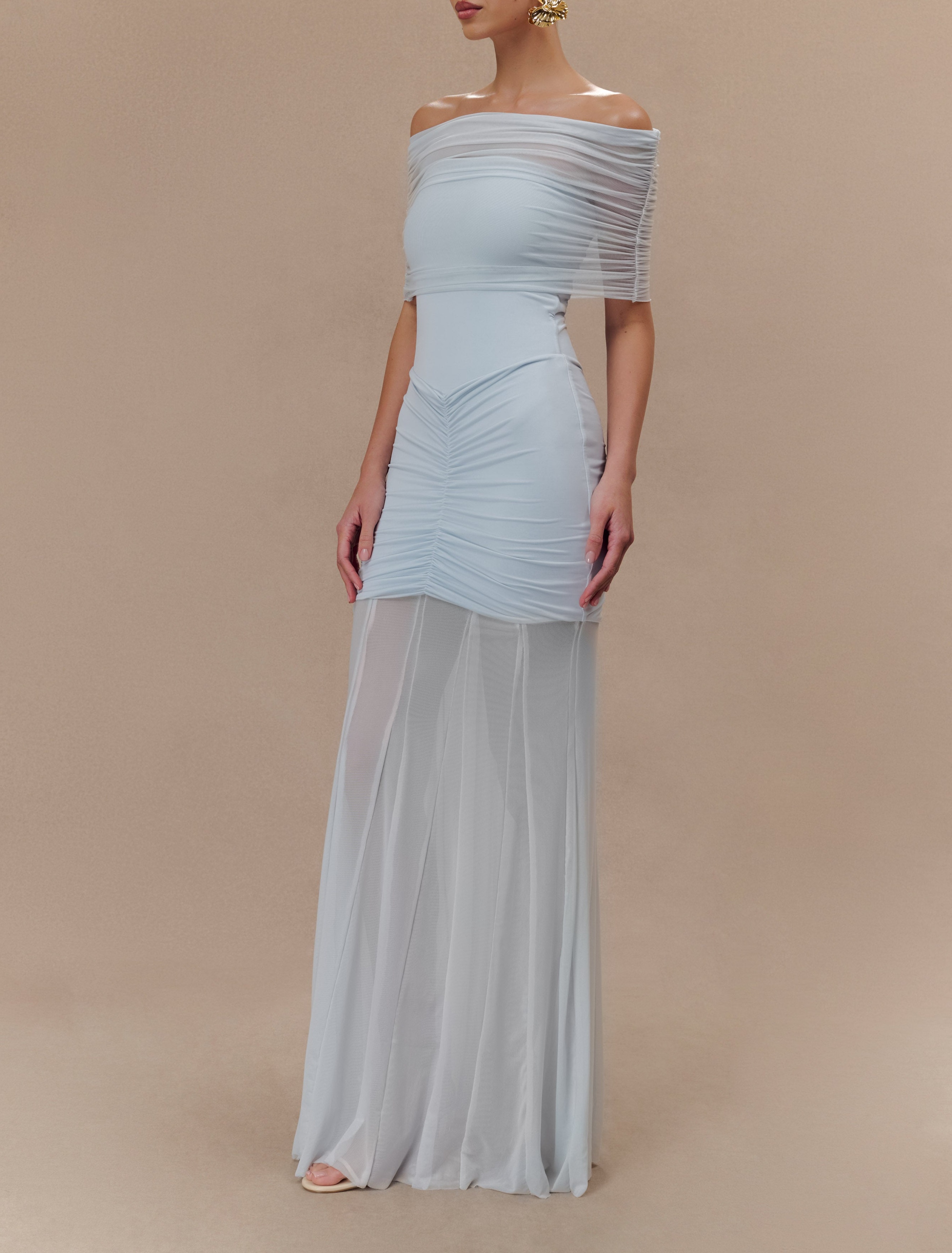 Blue Slinky And Mesh Off Shoulder Maxi Dress