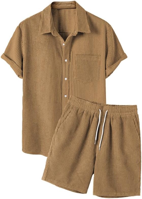 Men's 2 Piece Outfits Casual Button Down Short Sleeve Shirts Shorts Summer Beach Sets