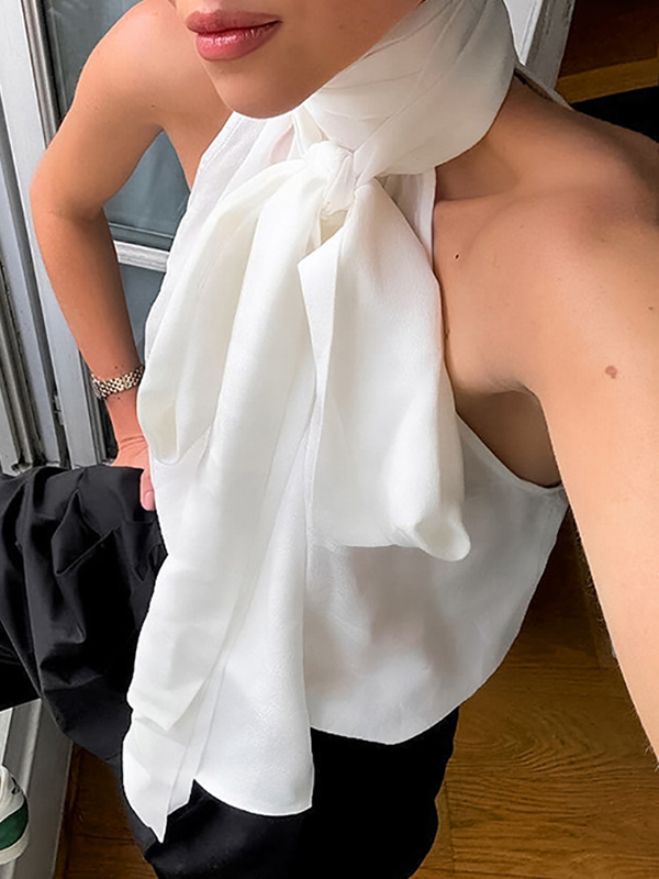Solid Color Tied Waist Loose Sleeveless Halter-Neck Vest Top