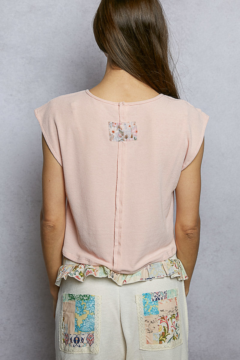 POL Floral Print Patch Round Neck Cropped T-Shirt with Lace Trim