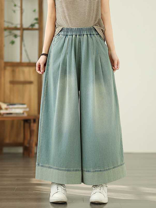 Elasticity Pleated Pockets Loose Wide Leg Trousers Jean Pants Bottoms
