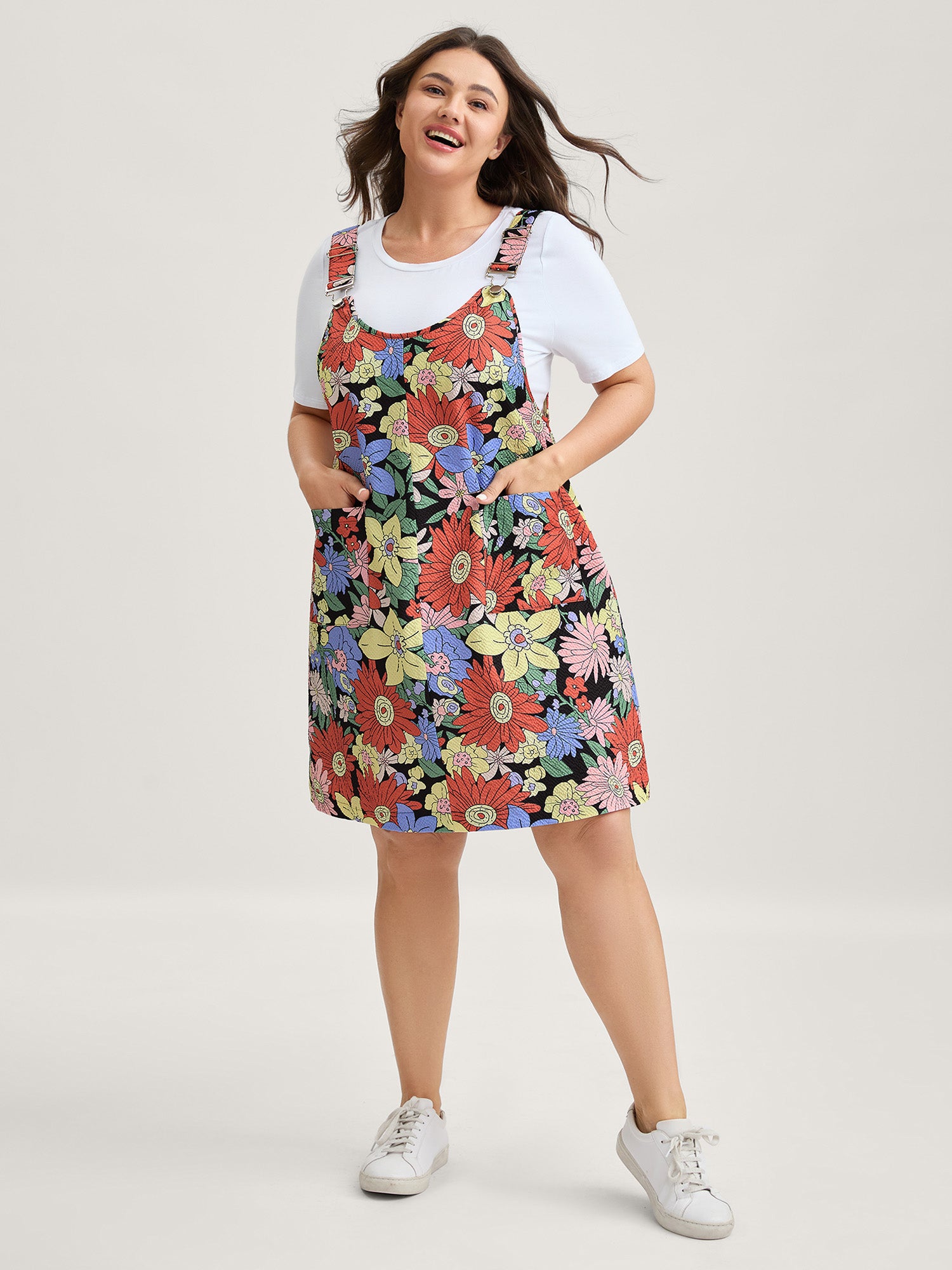 Floral Print Textured Overall Straps Dress