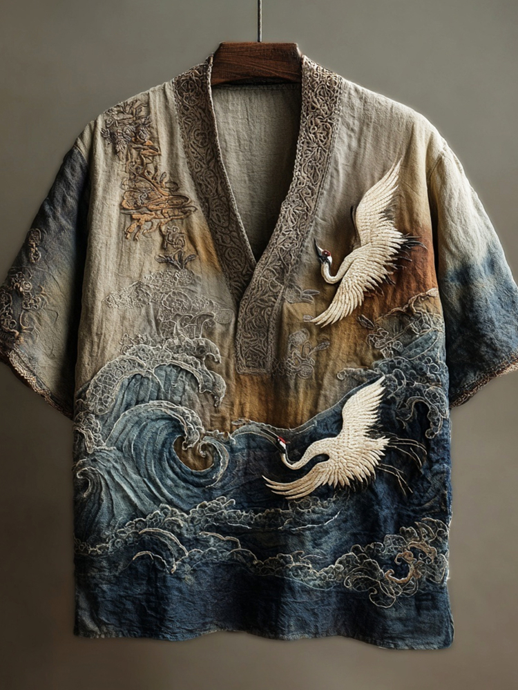 Japanese Embossed Crane Art Men's Linen V-neck Shirt
