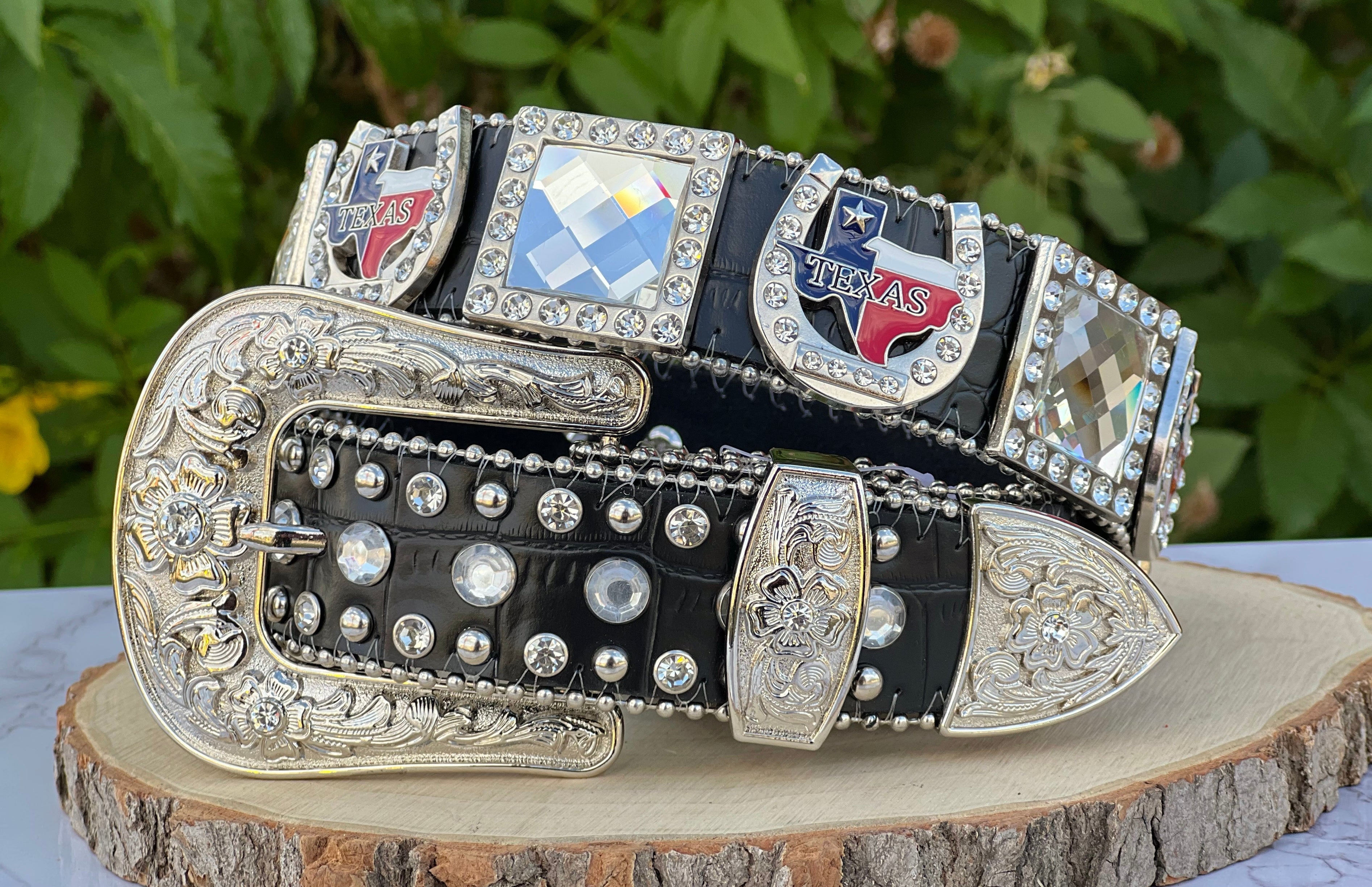 Western Black Leather Belt With Texas Rhinestones