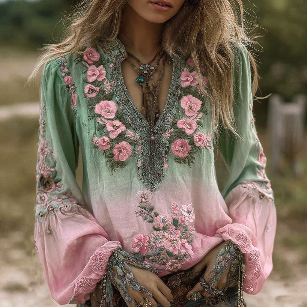 Vintage Classy Gradient Purple Pansy Embroidered Art Linen Long Sleeve Blouse