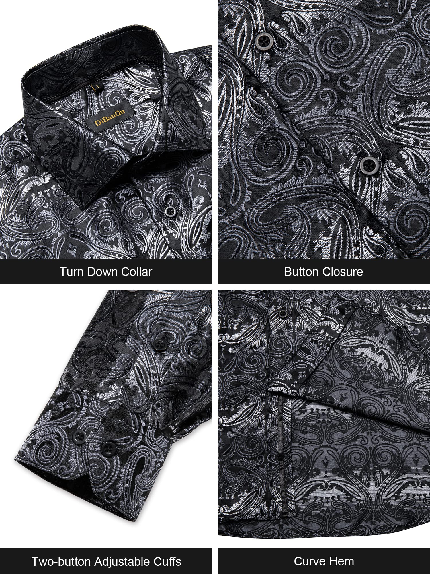Men's Paisley Dress Shirt Long Sleeve Wrinkle Free Button Down Cowboy Shirts - Black&silver&paisley