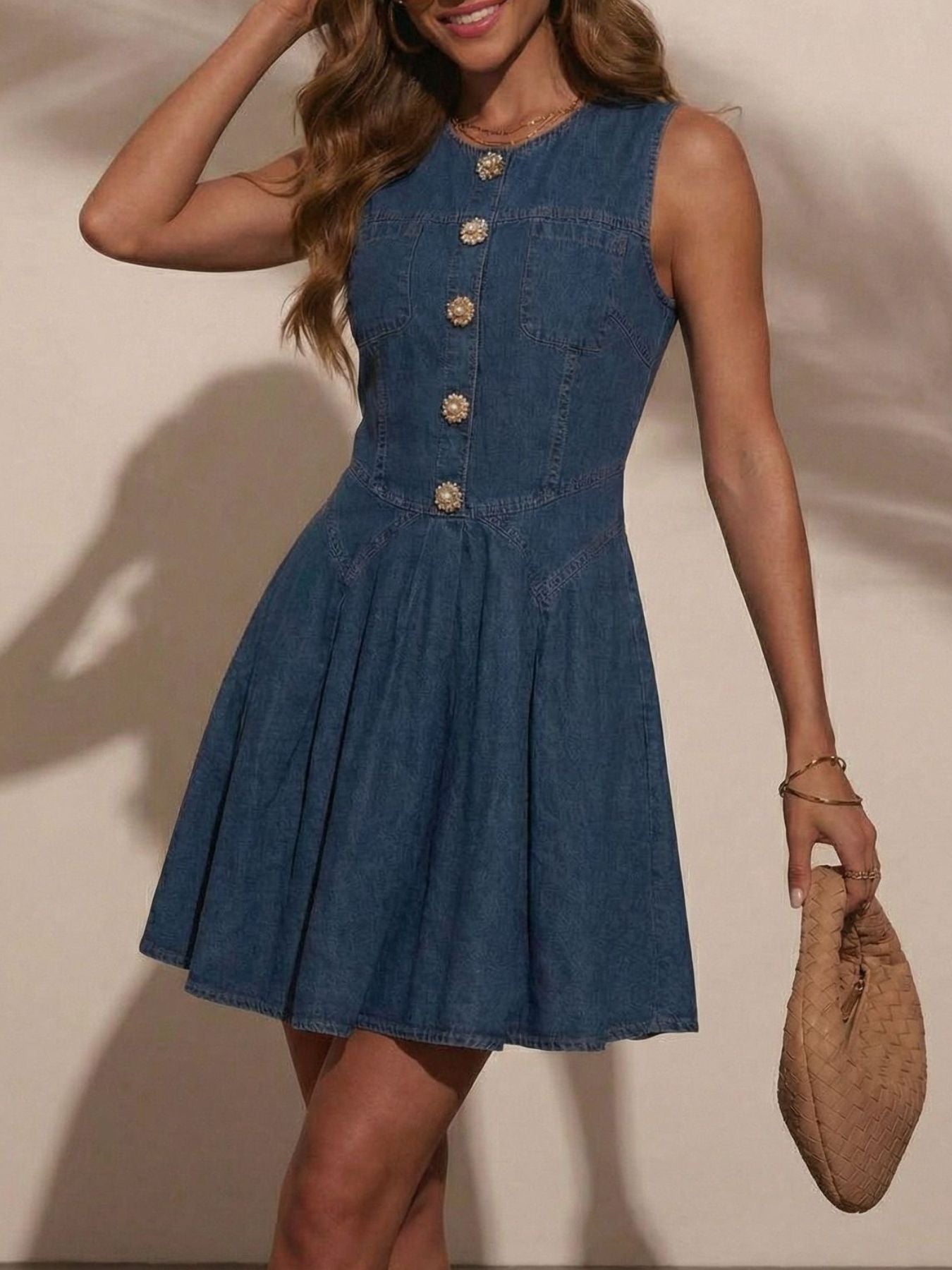 Button Decor Sleeveless Denim Dress