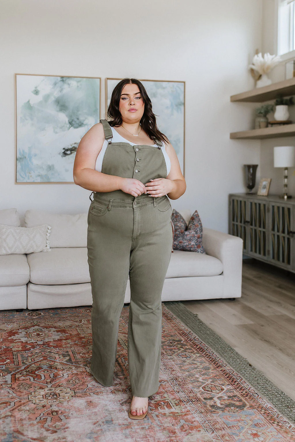 Blue Olivia Control Top Release Hem Overalls in Olive