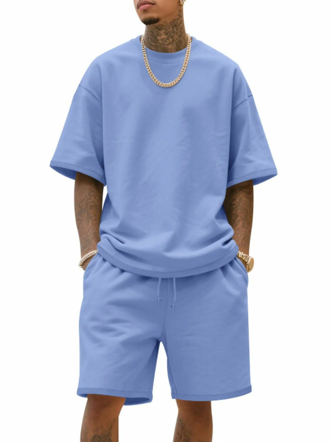 Men's Summer Casual Set, Pure Color Round Neck Short Sleeve Knit Tee & Shorts