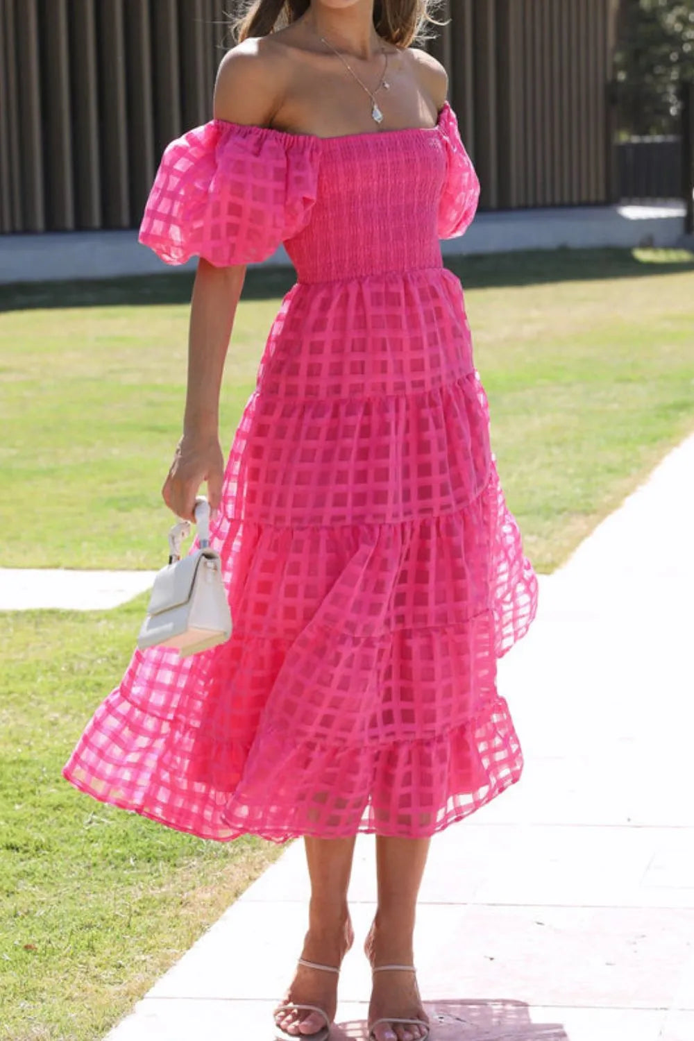 Off Shoulder Short Puff Sleeve Midi Dress