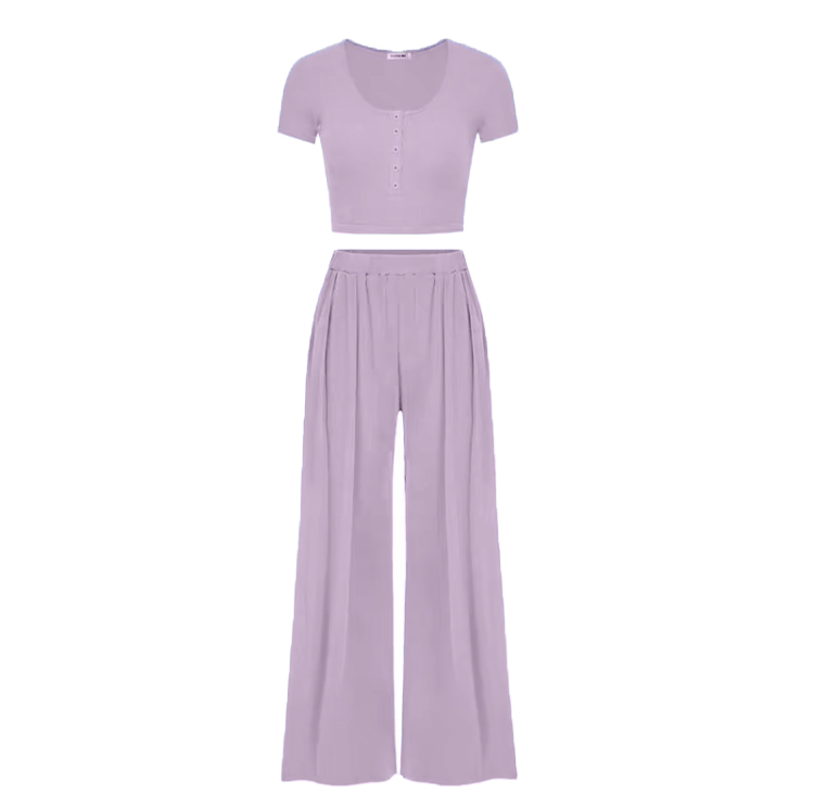 Women's Casual Co-ord Set – Slim Top & Wide Leg Pants