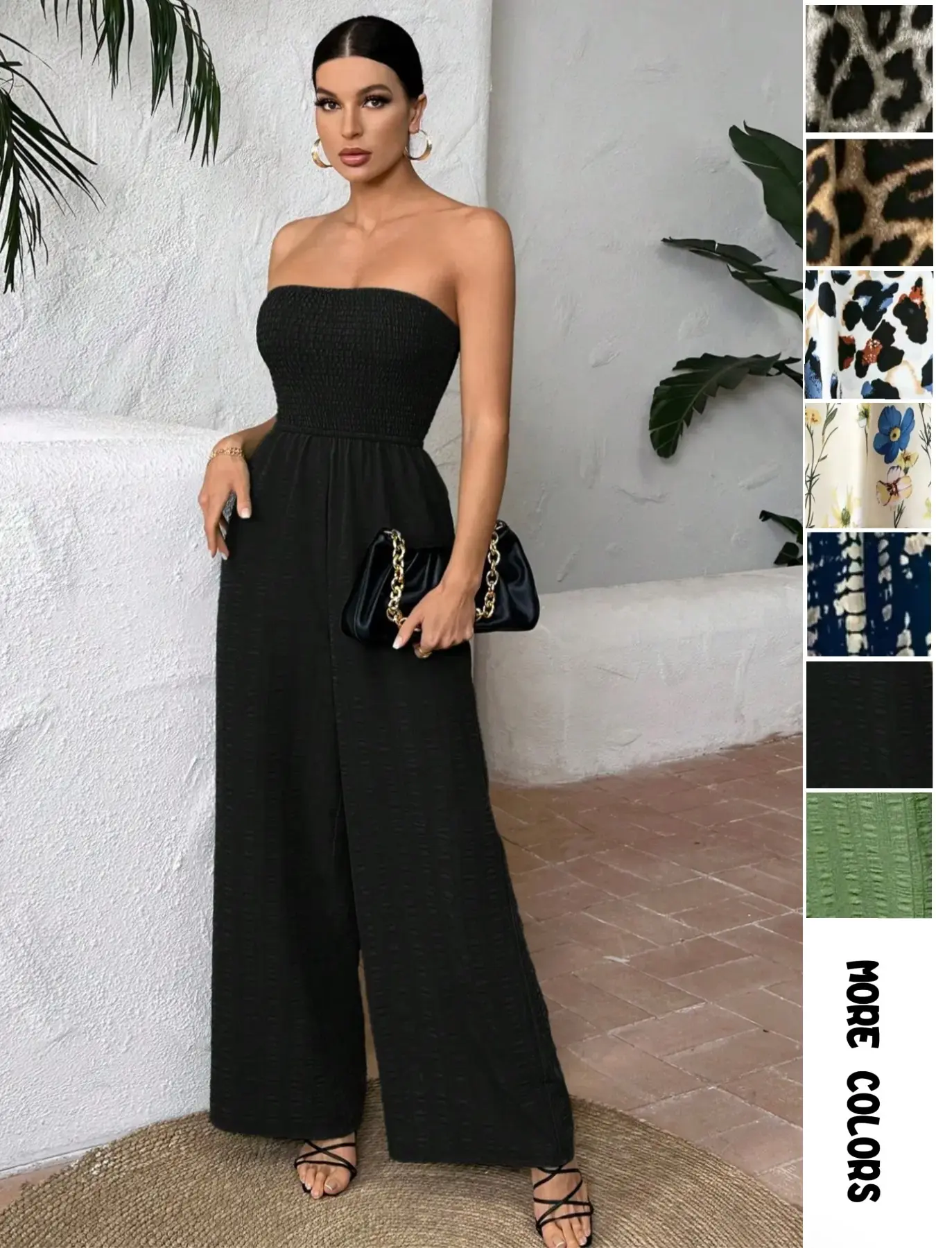 Women's Leopard Print Shirred Wide Leg Jumpsuit