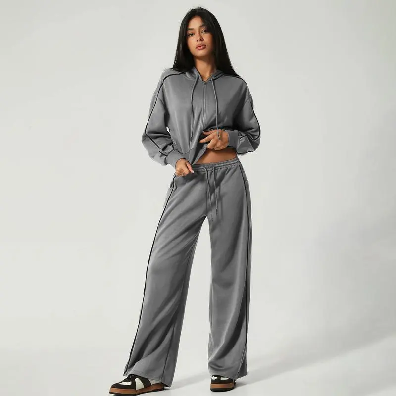 Women’s Hooded Tracksuit Set (Cropped Hoodie + Wide Leg Pants)
