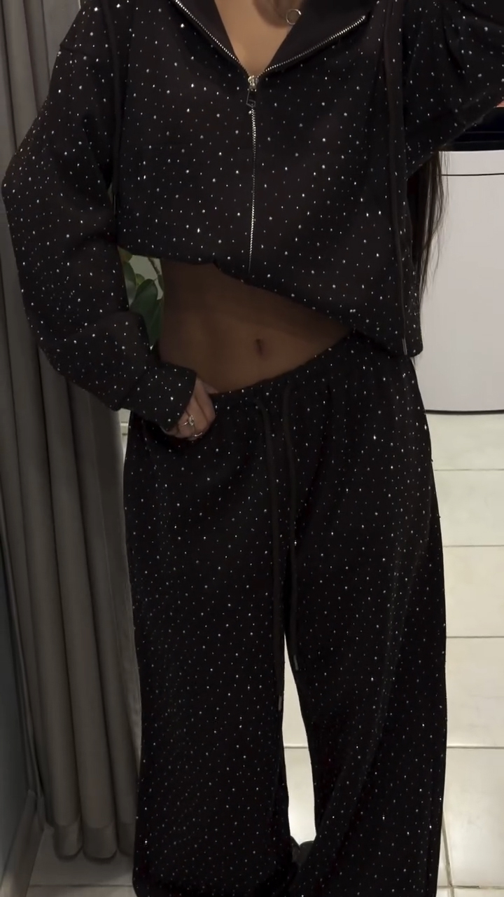 Women Round Neck Hooded Hot Stamping Rhinestone Casual Set